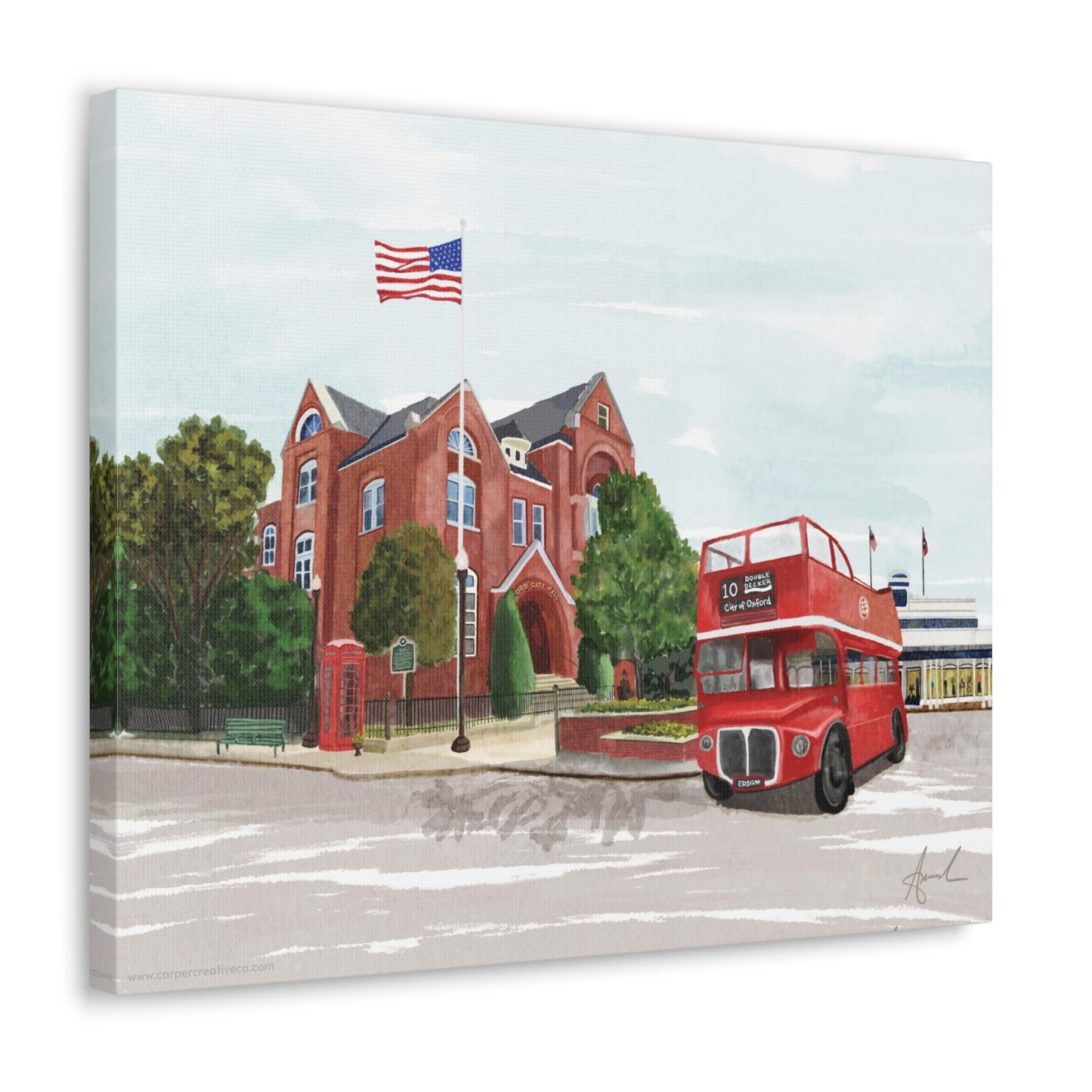 City Hall Double Decker Bus Oxford MS Watercolor Art Canvas