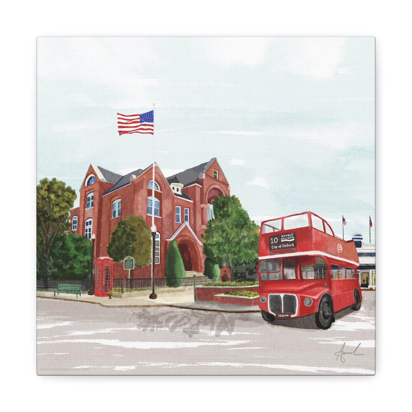 City Hall Double Decker Bus Oxford MS Watercolor Art Canvas