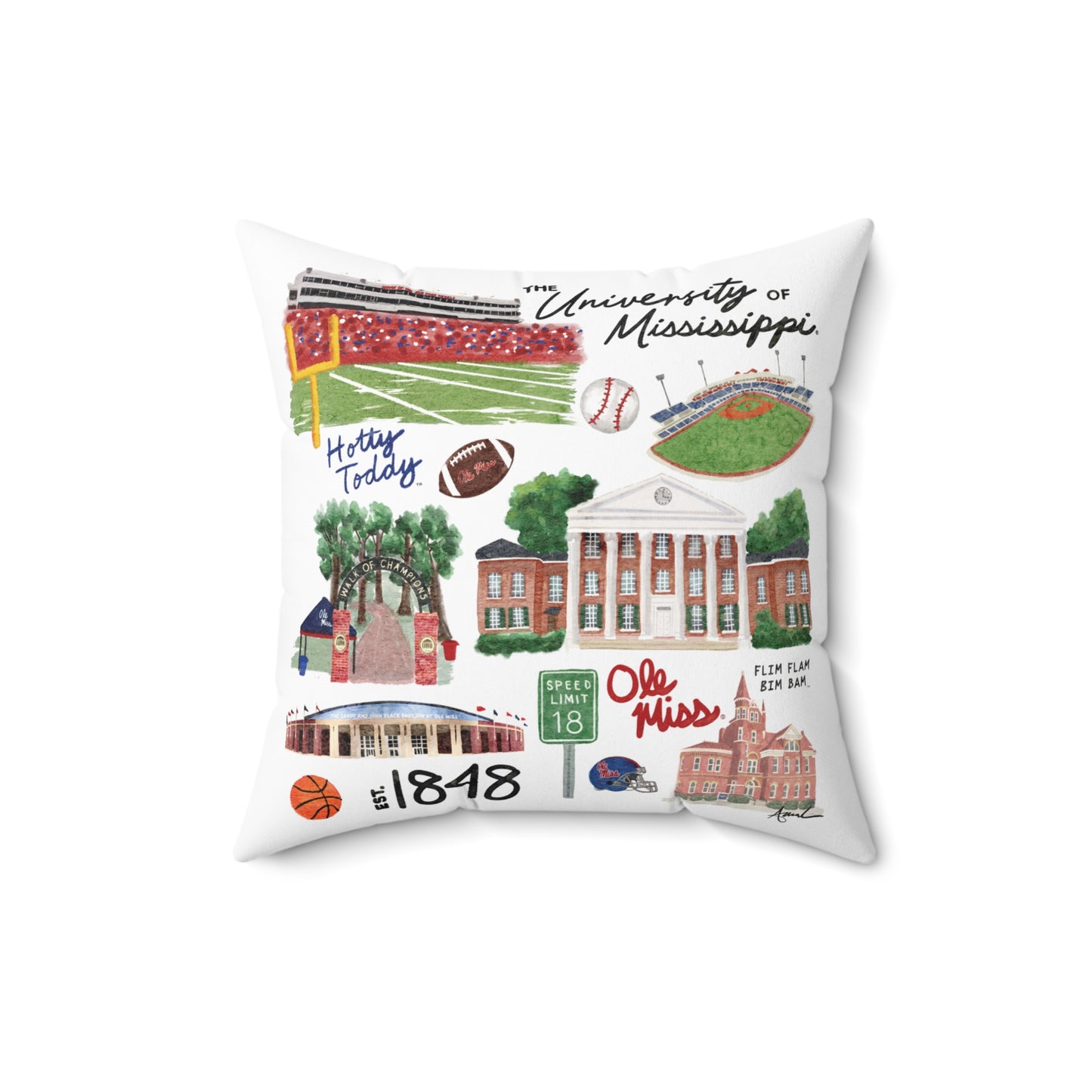 Ole Miss Watercolor Art Collage Square Pillow