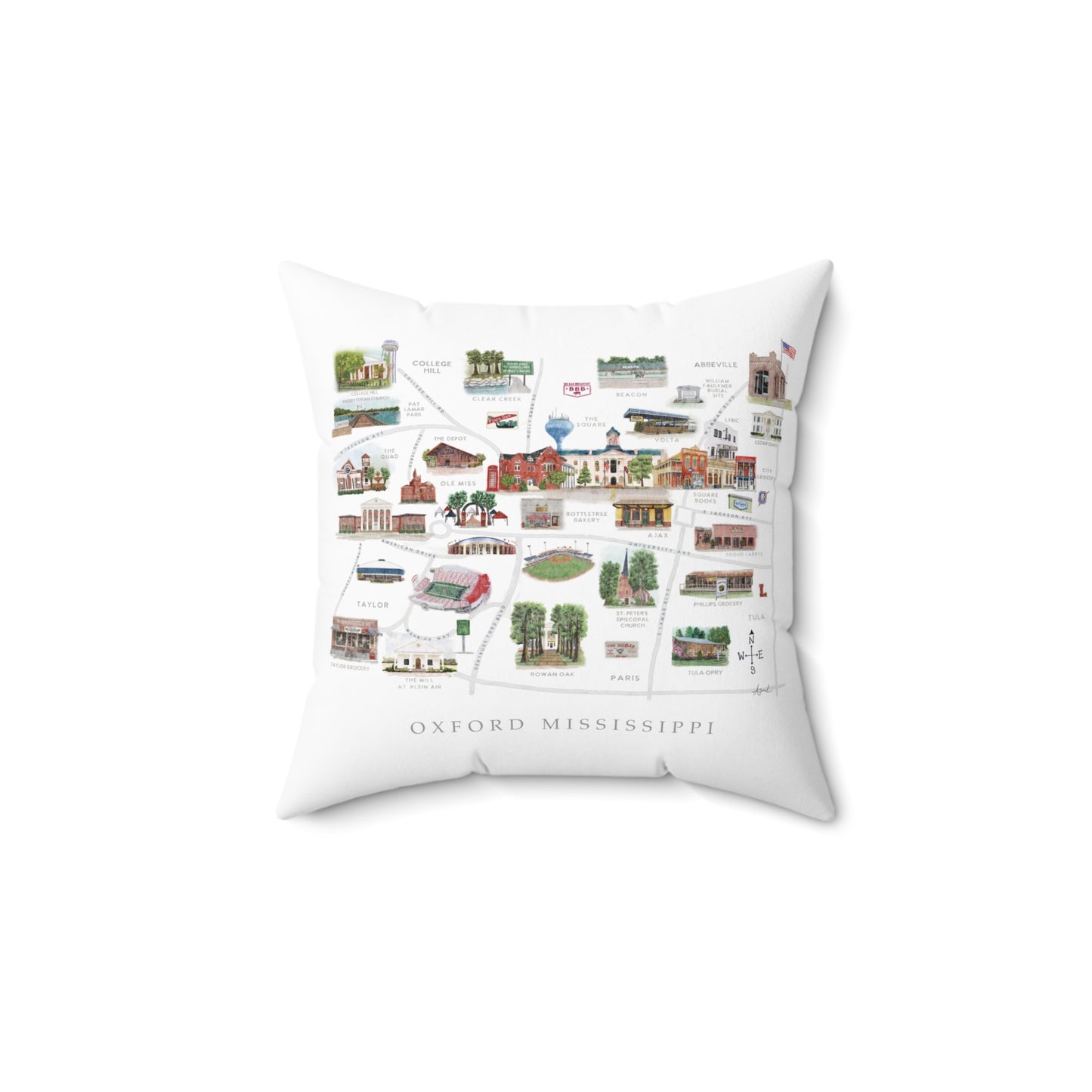 Oxford MS Watercolor Map Art Pillow