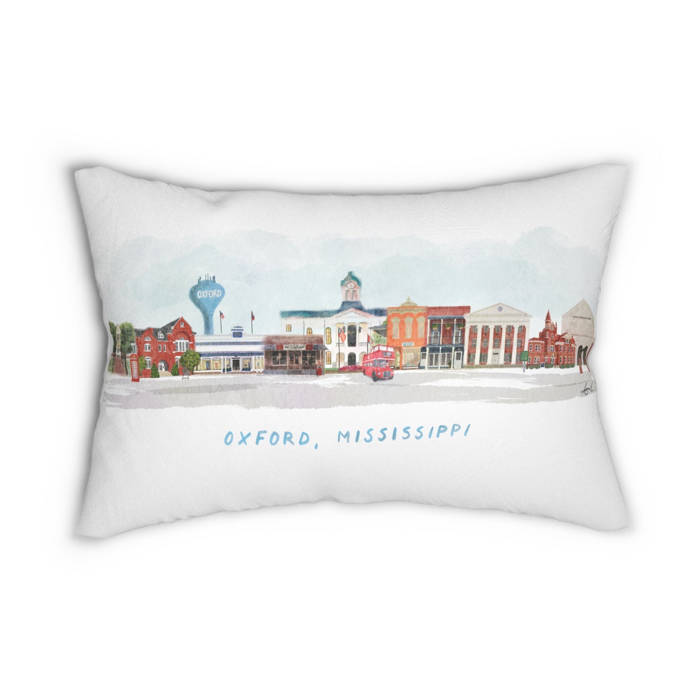 Oxford, MS Skyline Watercolor Collage Lumbar Pillow