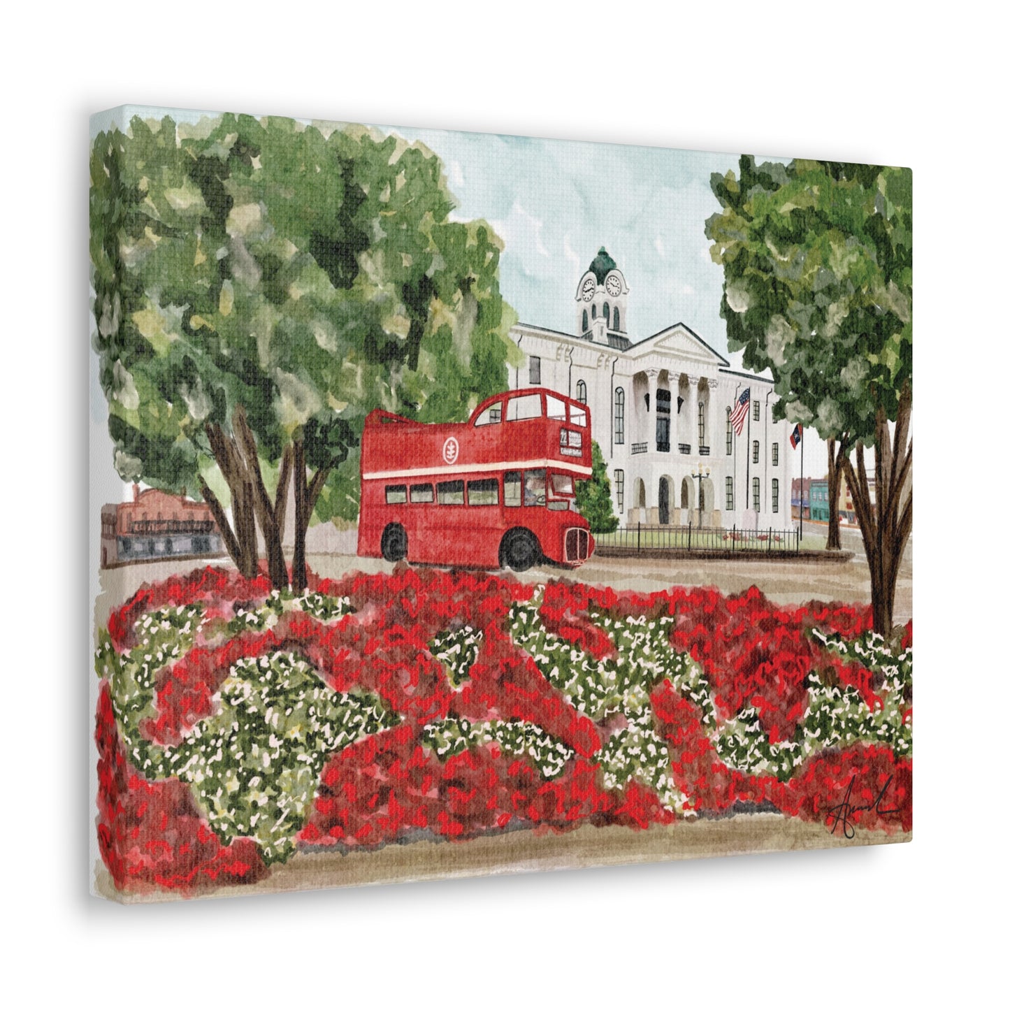 Courthouse Square Double Decker Bus Oxford MS Watercolor Art Canvas