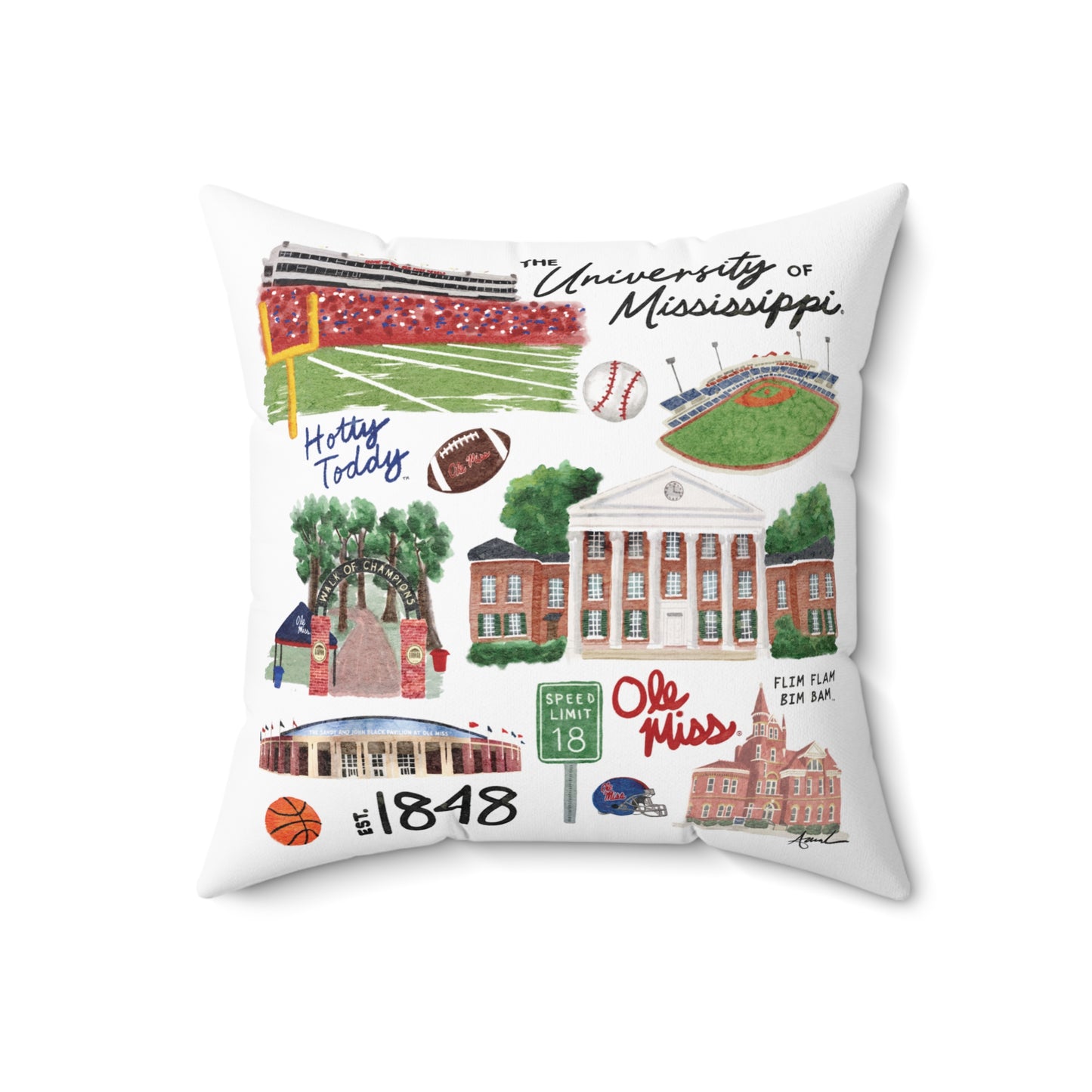 Ole Miss Watercolor Art Collage Square Pillow