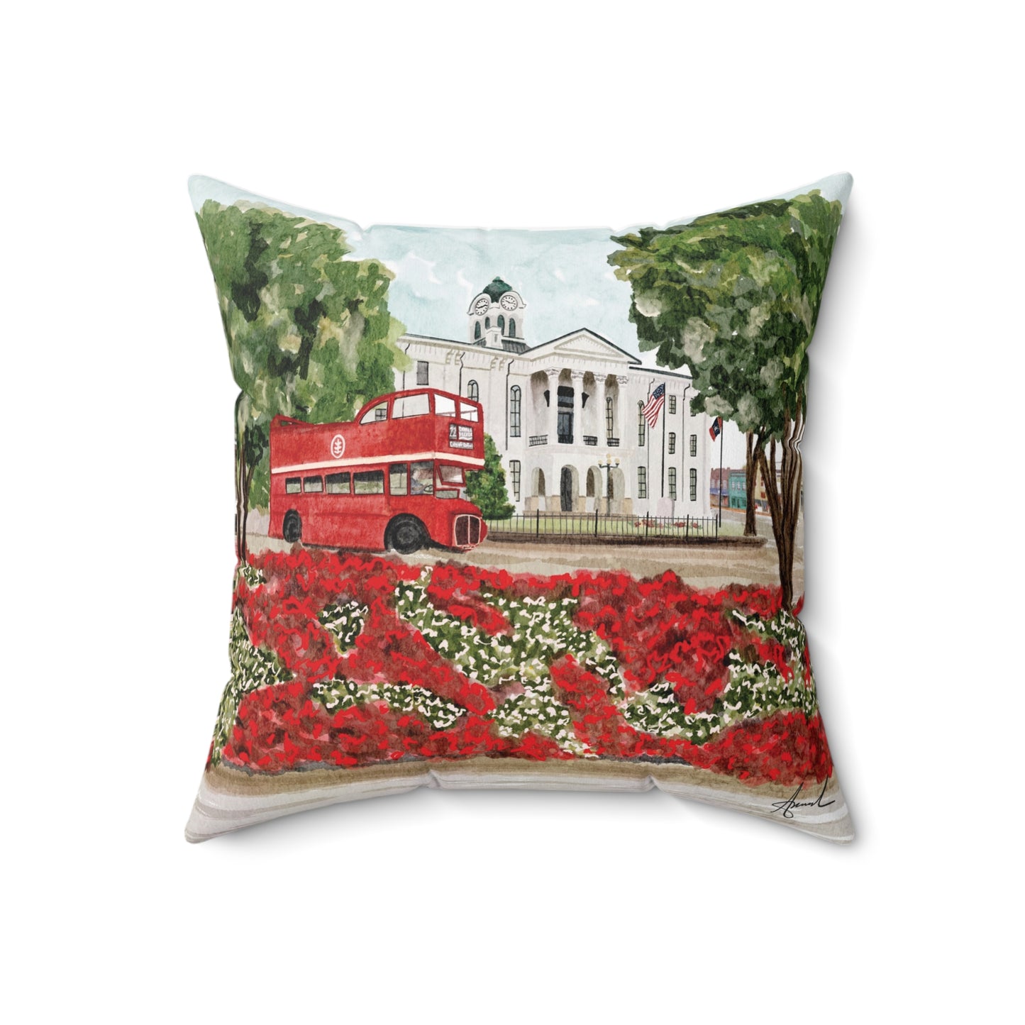 Courthouse Square Double Decker Oxford MS Watercolor Art Pillow