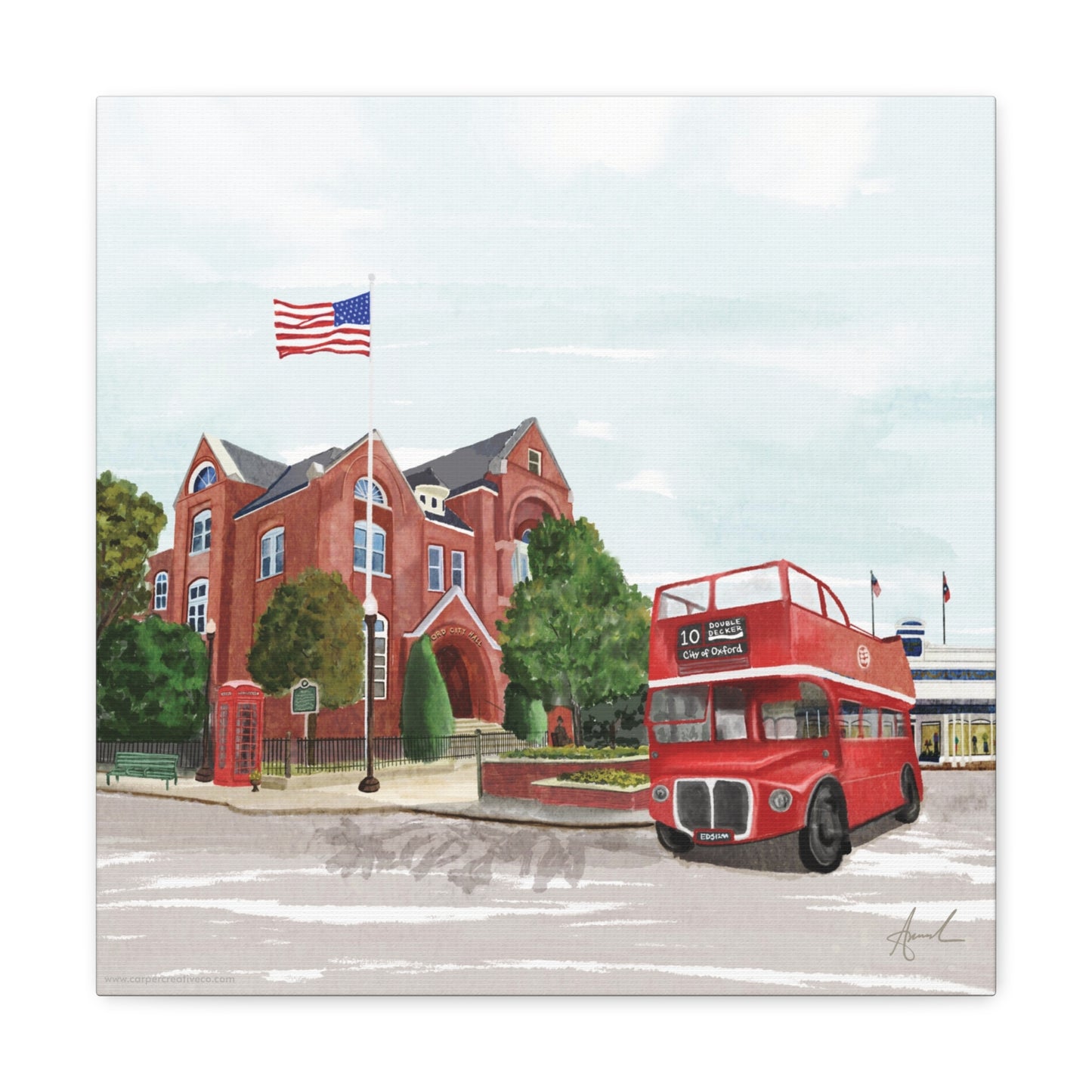 City Hall Double Decker Bus Oxford MS Watercolor Art Canvas