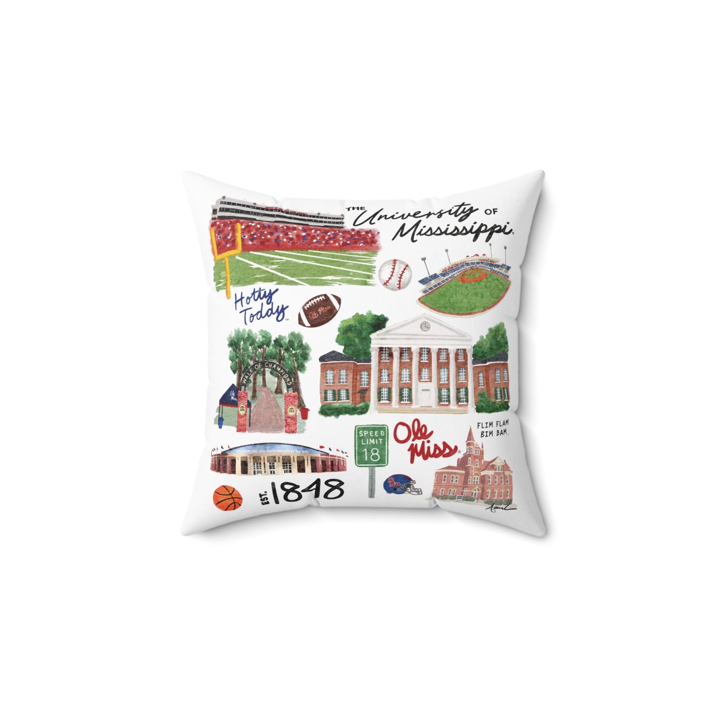 Ole Miss Watercolor Art Collage Square Pillow