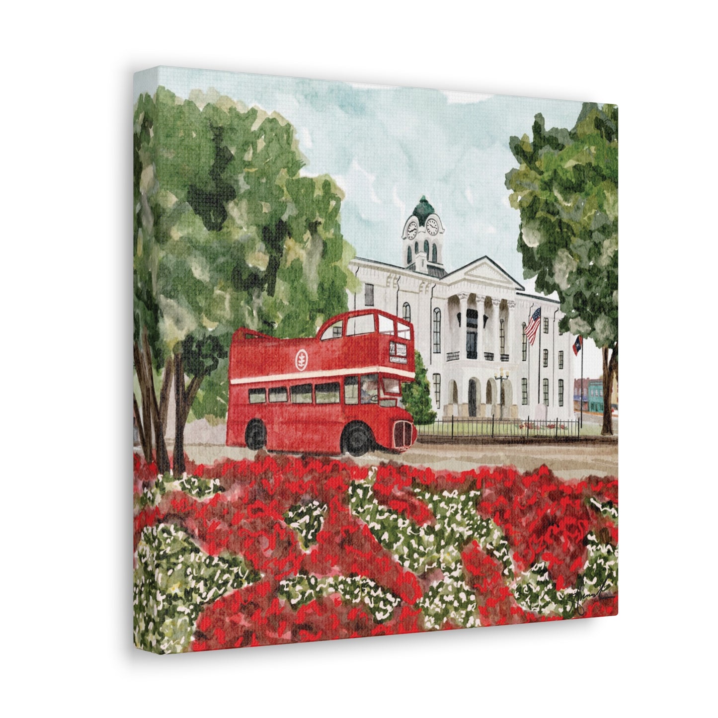 Courthouse Square Double Decker Bus Oxford MS Watercolor Art Canvas