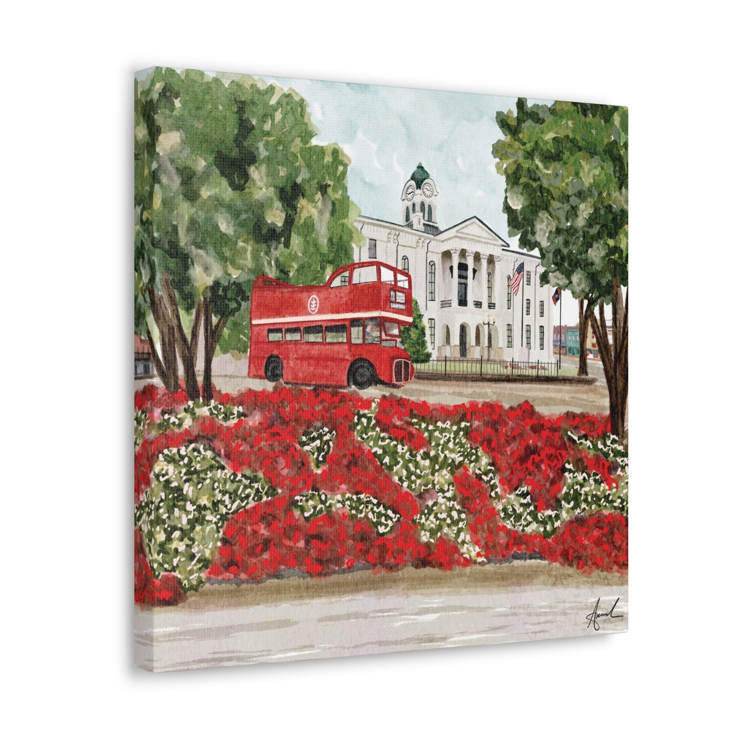 Courthouse Square Double Decker Bus Oxford MS Watercolor Art Canvas
