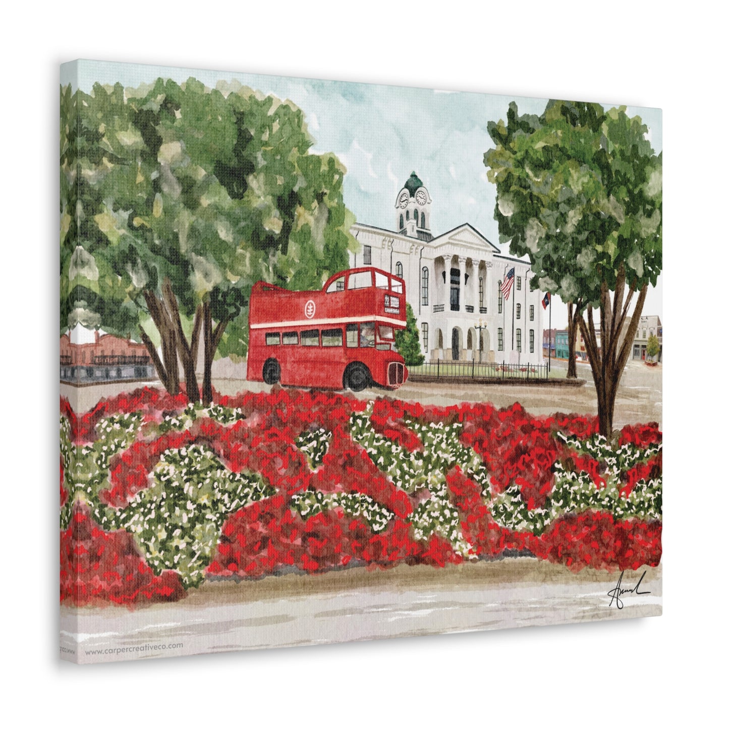 Courthouse Square Double Decker Bus Oxford MS Watercolor Art Canvas
