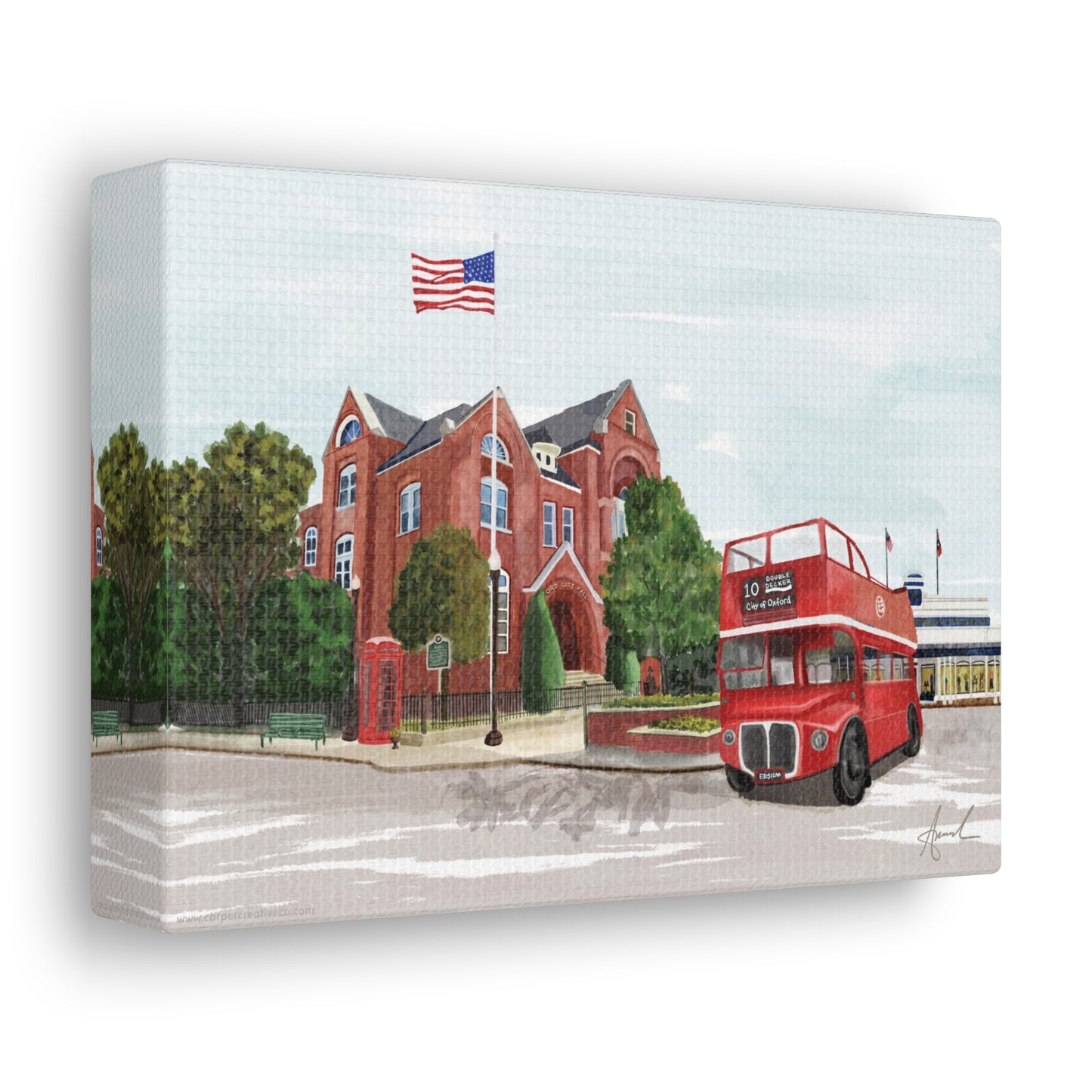 City Hall Double Decker Bus Oxford MS Watercolor Art Canvas
