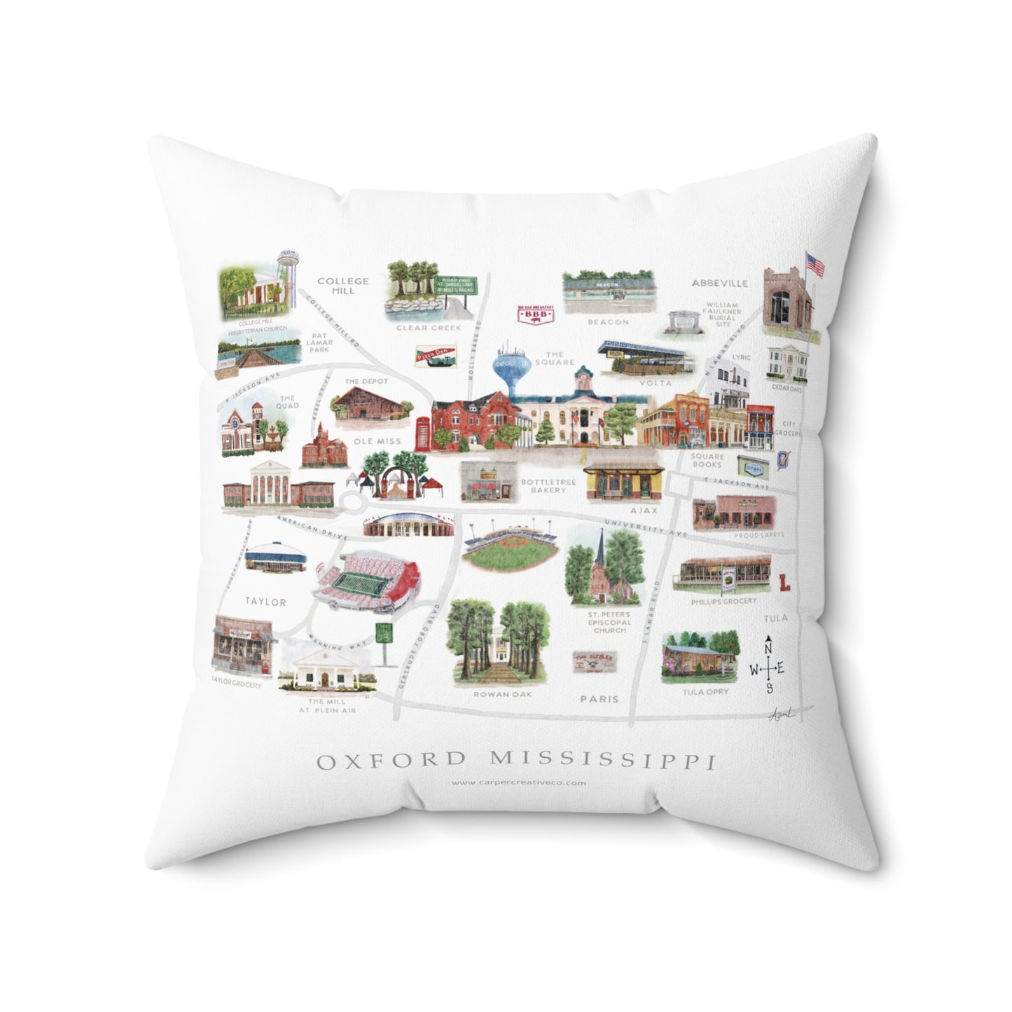 Oxford MS Watercolor Map Art Pillow
