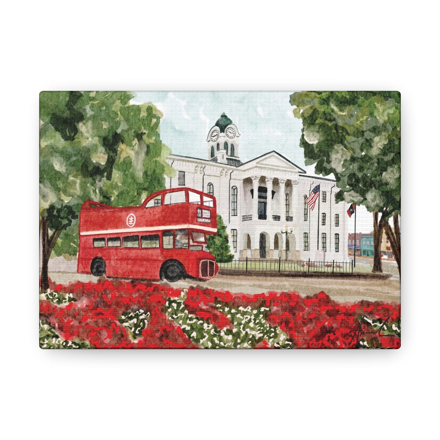 Courthouse Square Double Decker Bus Oxford MS Watercolor Art Canvas