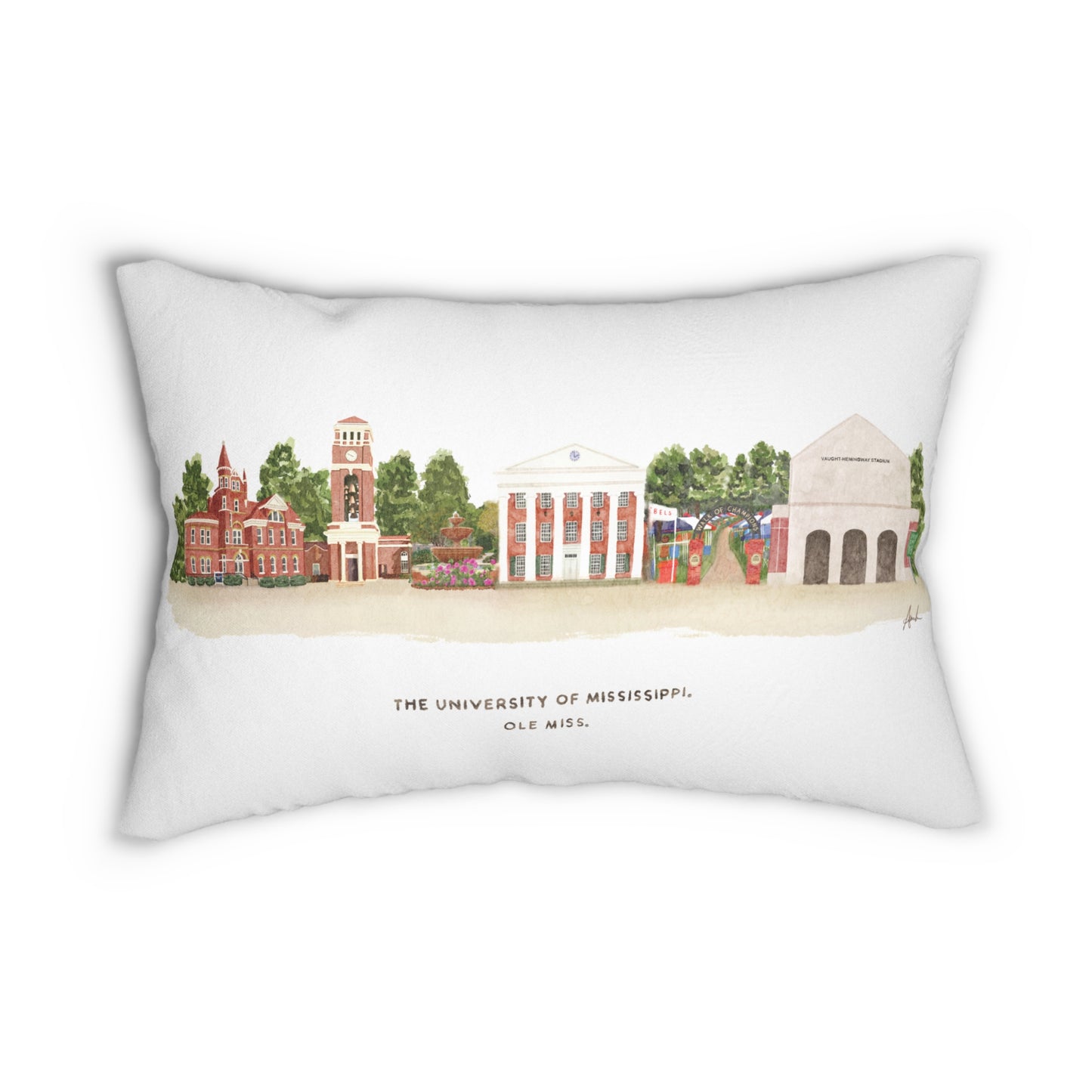 Ole Miss Landmarks Watercolor Collage Skyline Art Lumbar Pillow