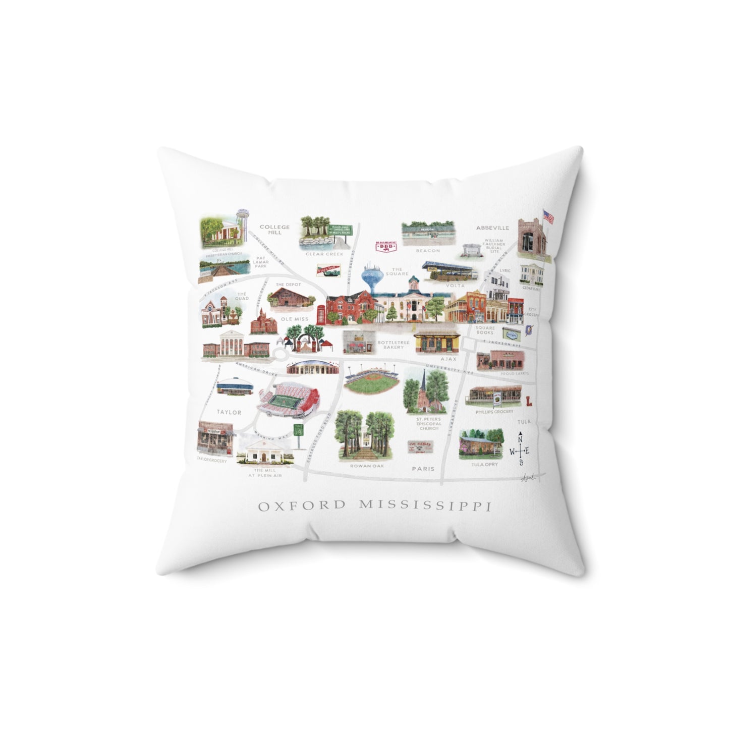 Oxford MS Watercolor Map Art Pillow