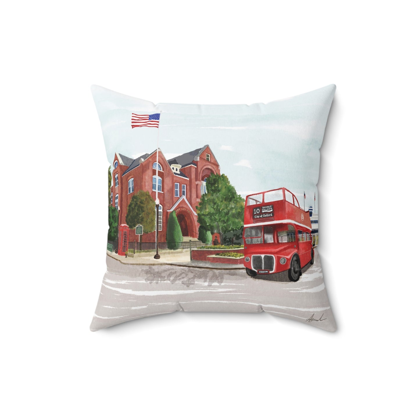 City Hall Double Decker Bus Oxford MS Watercolor Art Pillow