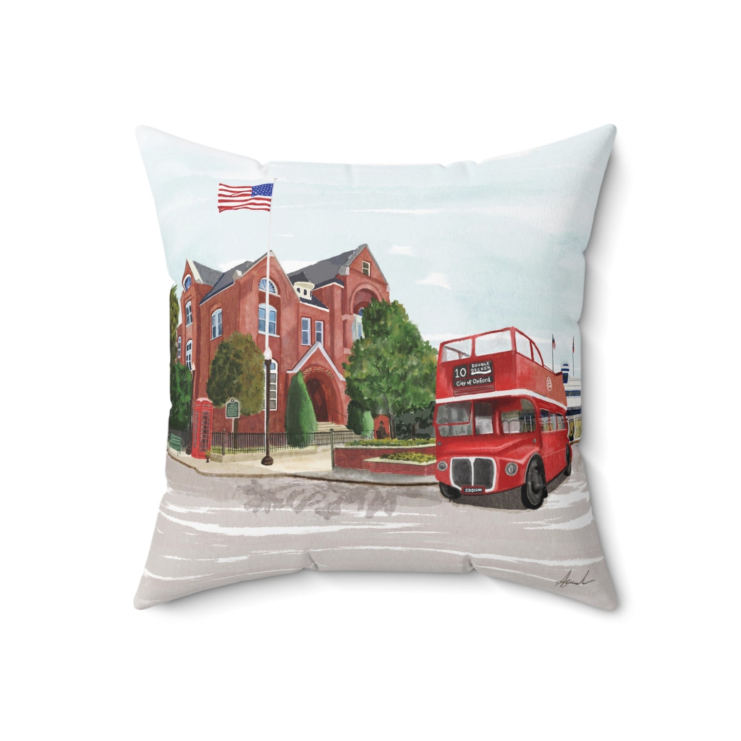 City Hall Double Decker Bus Oxford MS Watercolor Art Pillow