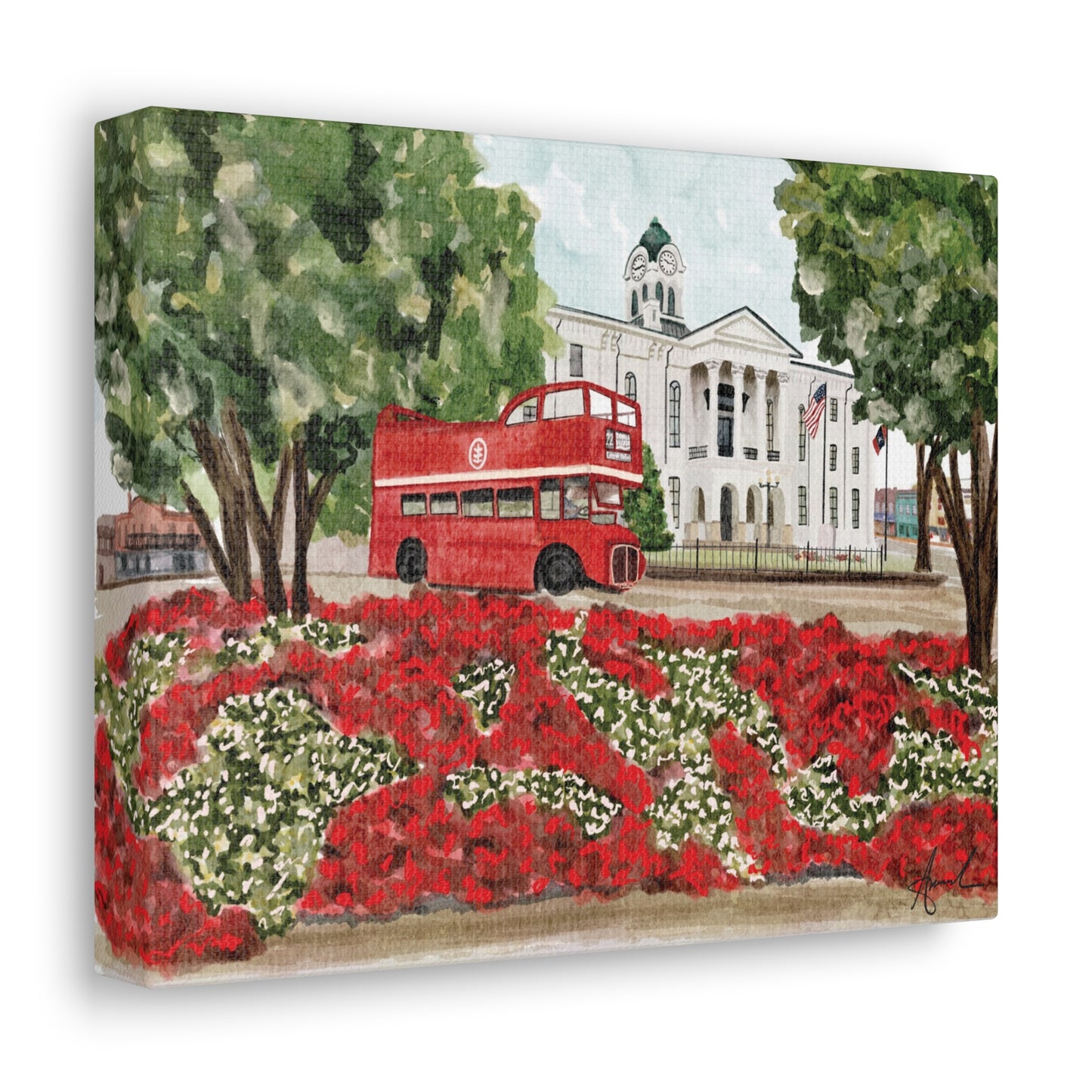 Courthouse Square Double Decker Bus Oxford MS Watercolor Art Canvas