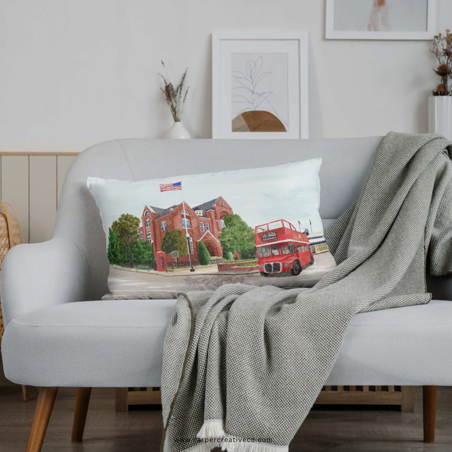 City Hall Double Decker Bus Oxford MS Watercolor Art Pillow