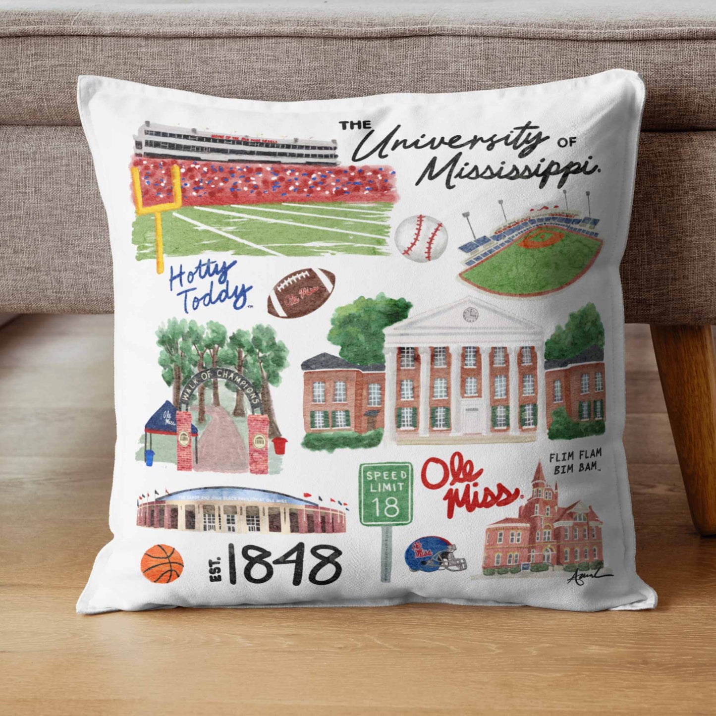 Ole Miss Watercolor Art Collage Square Pillow
