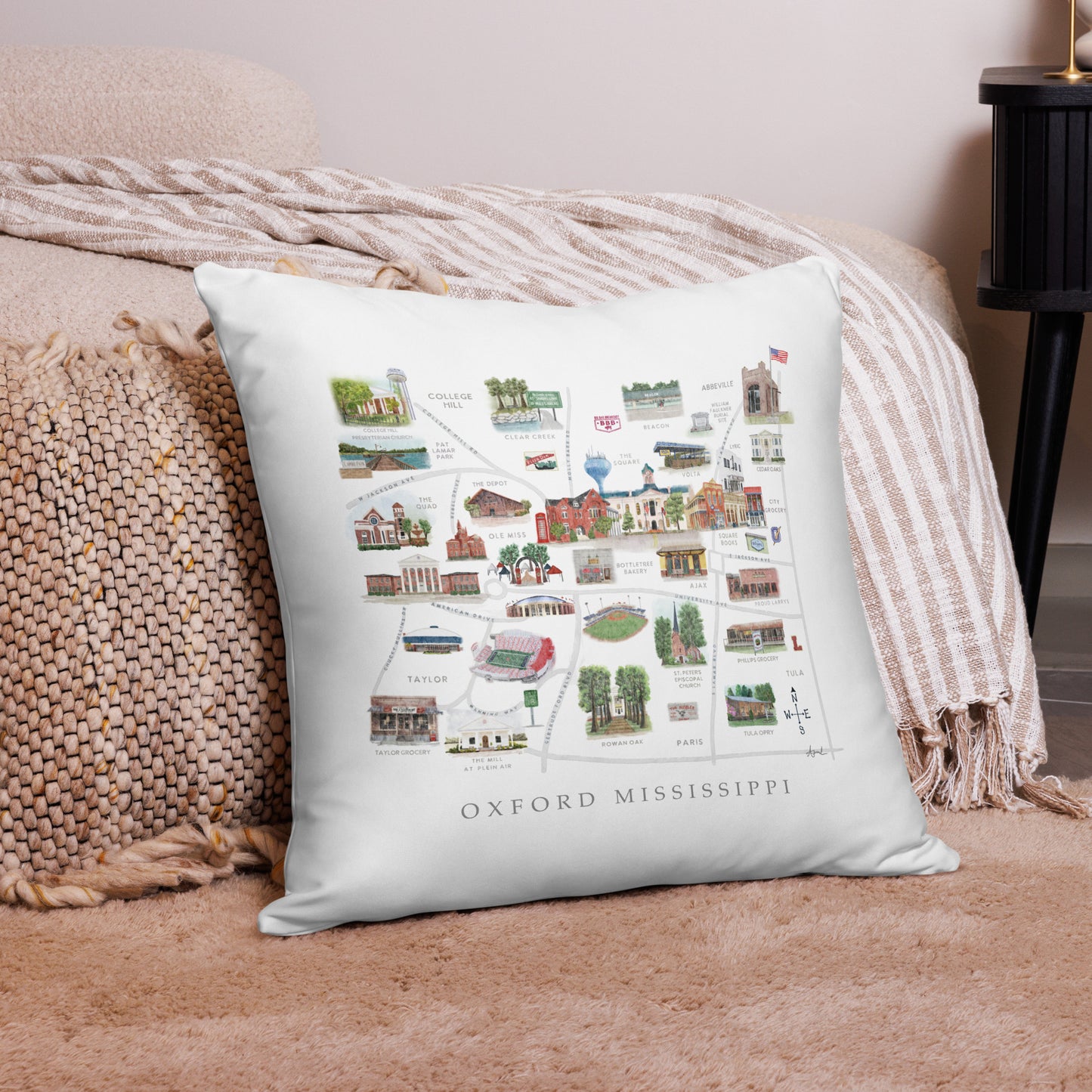 Oxford MS Watercolor Map Art Pillow