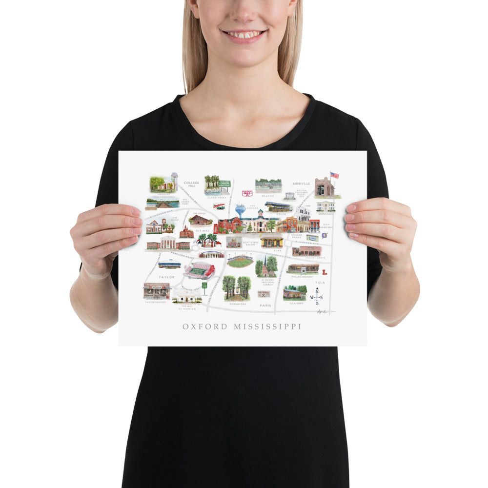 Oxford MS Watercolor Map Art Print
