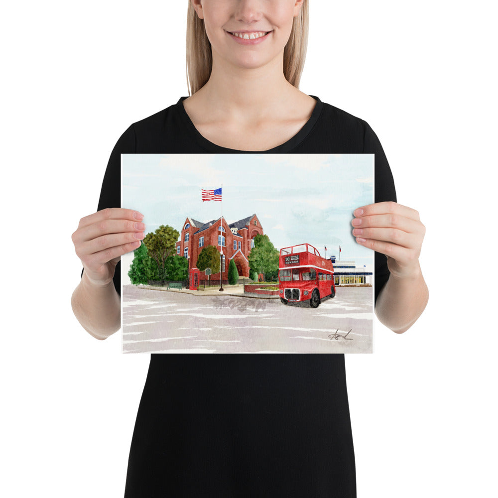 City Hall Double Decker Bus Oxford MS Watercolor Art Print