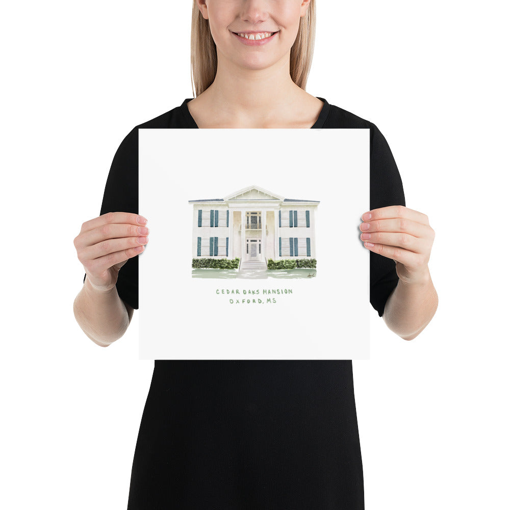 Cedar Oaks Mansion Oxford MS Watercolor Art Print