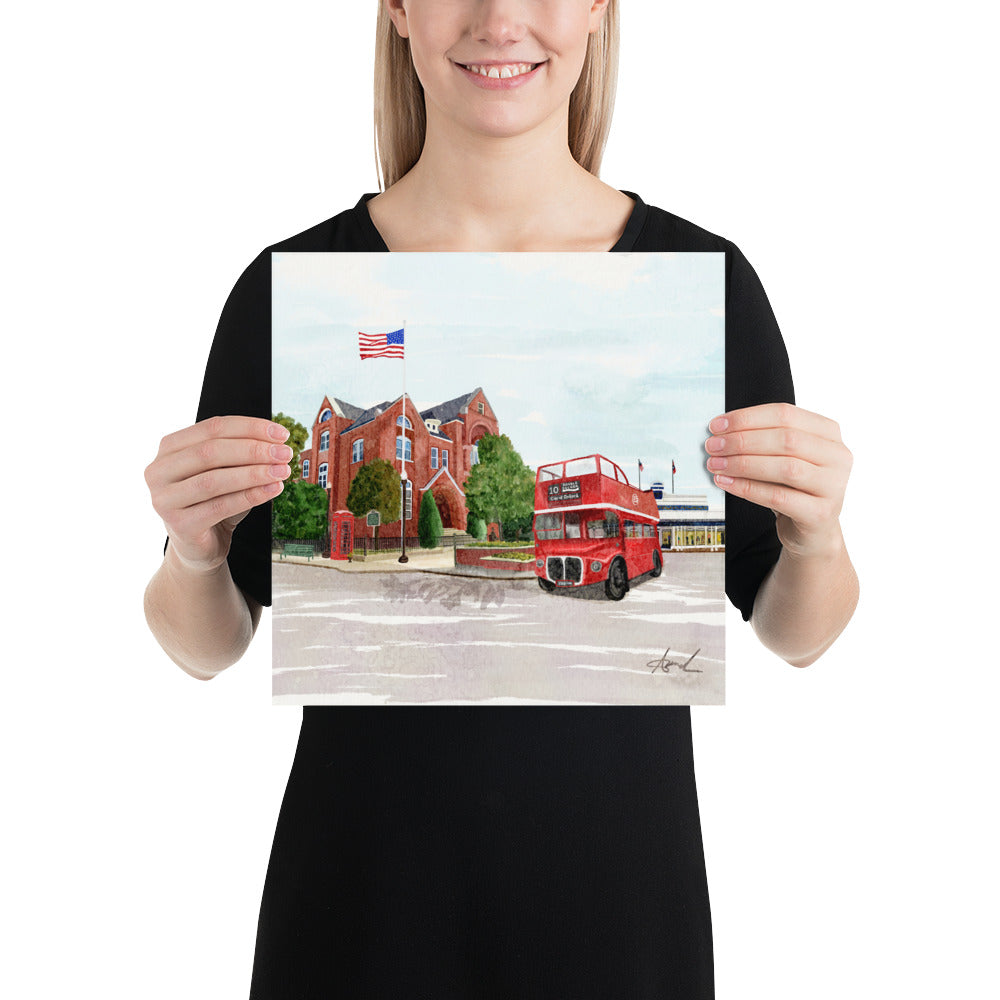 City Hall Double Decker Bus Oxford MS Watercolor Art Print