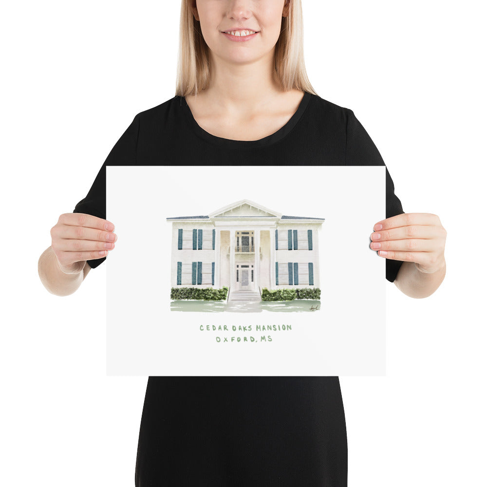 Cedar Oaks Mansion Oxford MS Watercolor Art Print