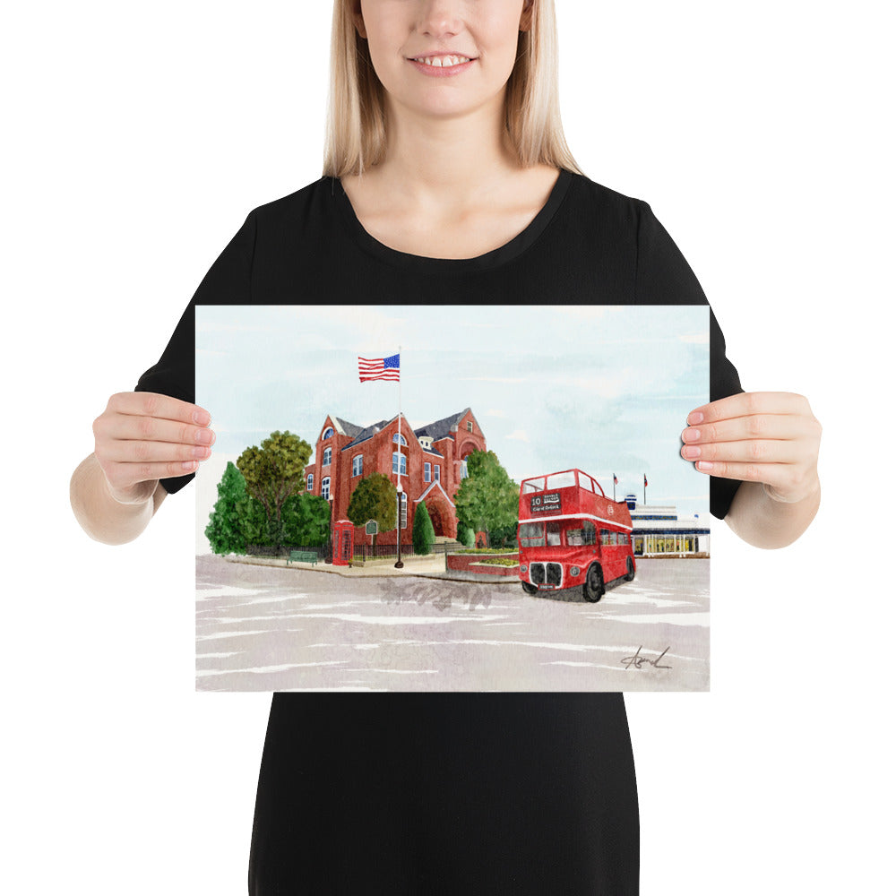 City Hall Double Decker Bus Oxford MS Watercolor Art Print