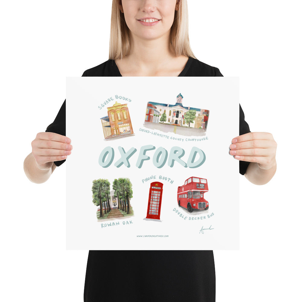 Oxford MS Landmarks Collage Watercolor Art Print