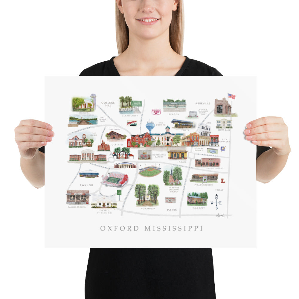 Oxford MS Watercolor Map Art Print