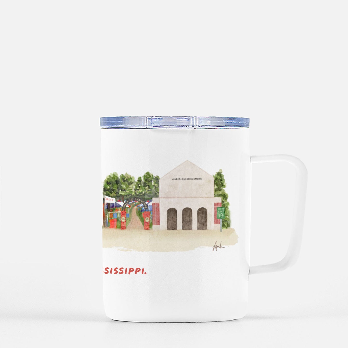 Ole Miss Skyline Watercolor Travel Mug w/ Lid 10 oz.