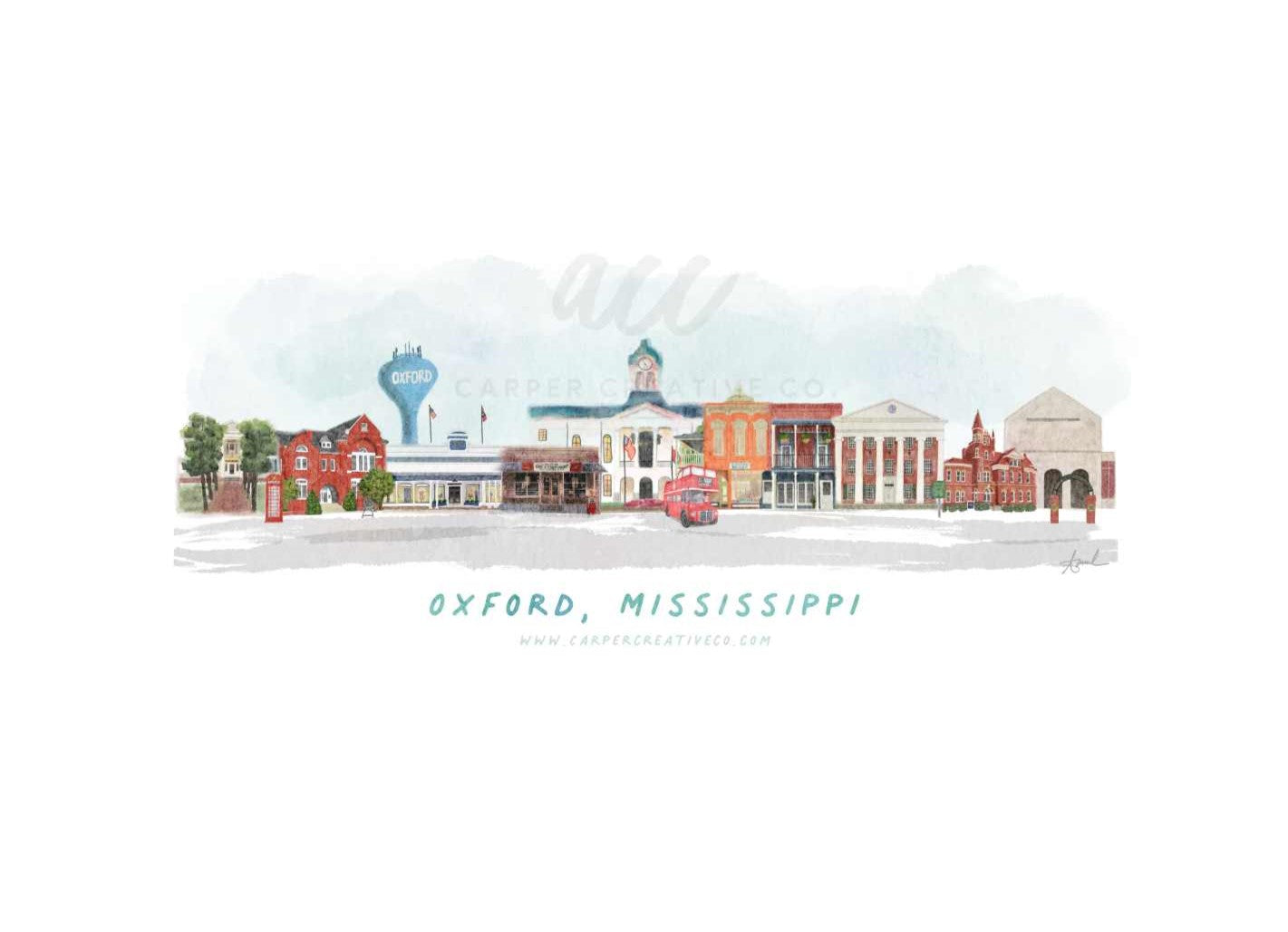 Oxford Mississippi Watercolor Skyline Art