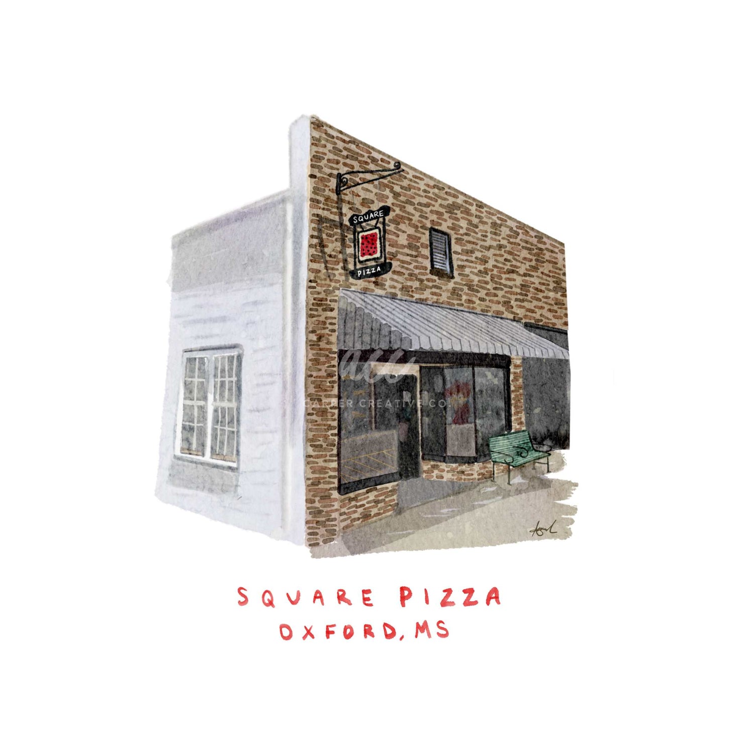 Square Pizza Oxford MS Watercolor Art