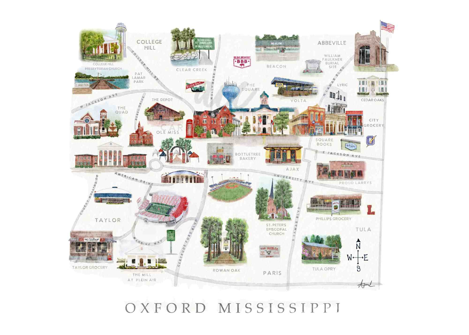 Oxford Mississippi Watercolor Map Art