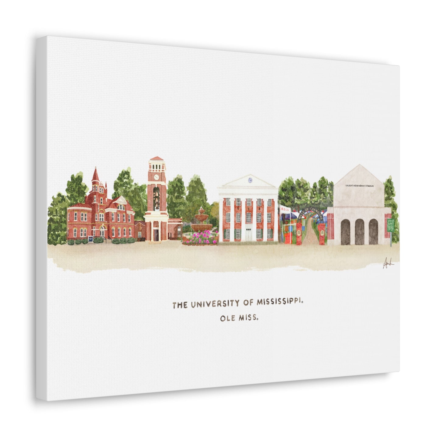 Ole Miss Watercolor Skyline Landmark Art Canvas Gallery Wrap