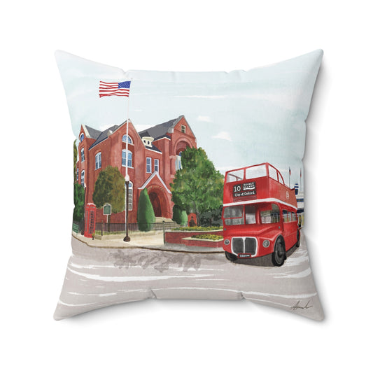 City Hall Double Decker Bus Oxford MS Watercolor Art Pillow