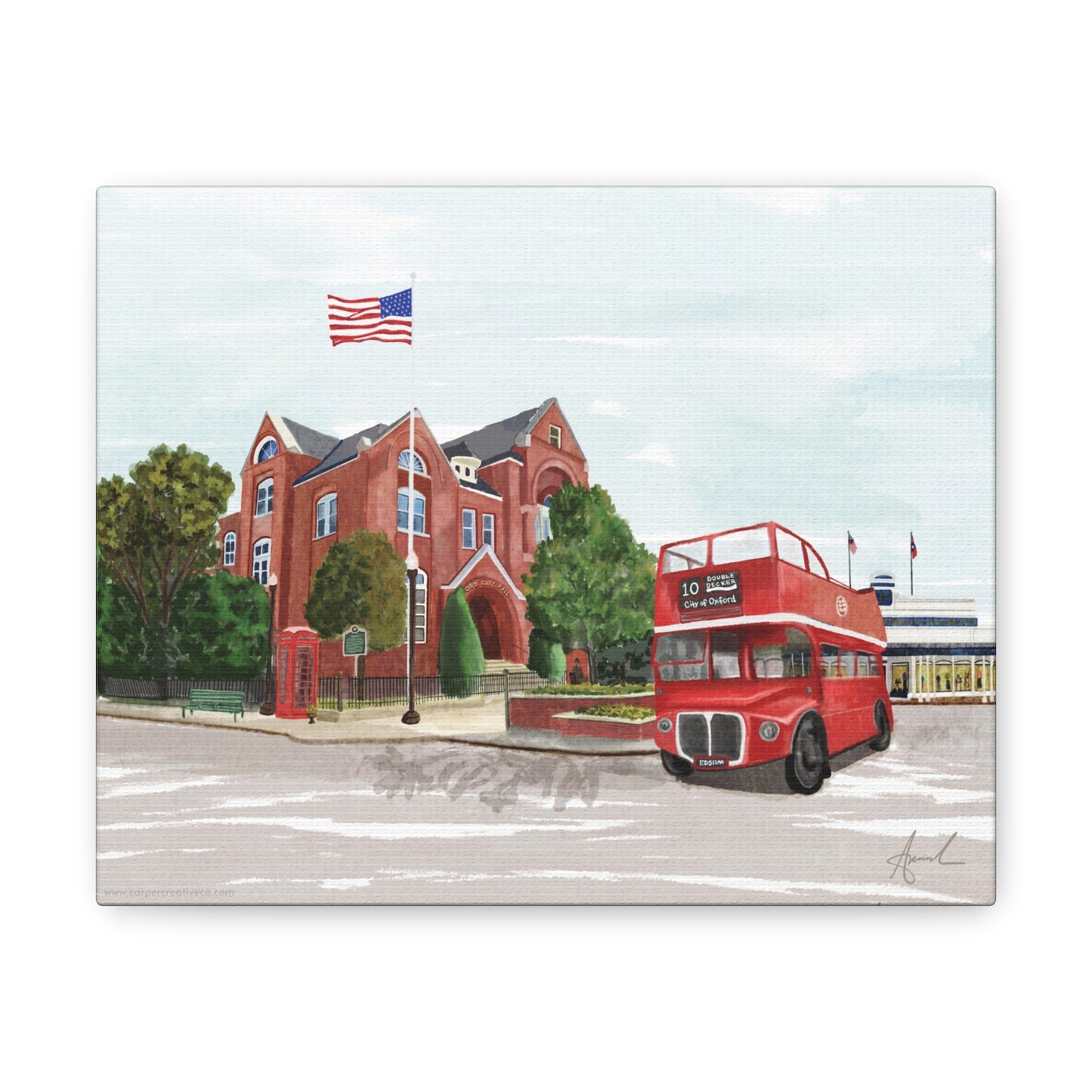 City Hall Double Decker Bus Oxford MS Watercolor Art Canvas