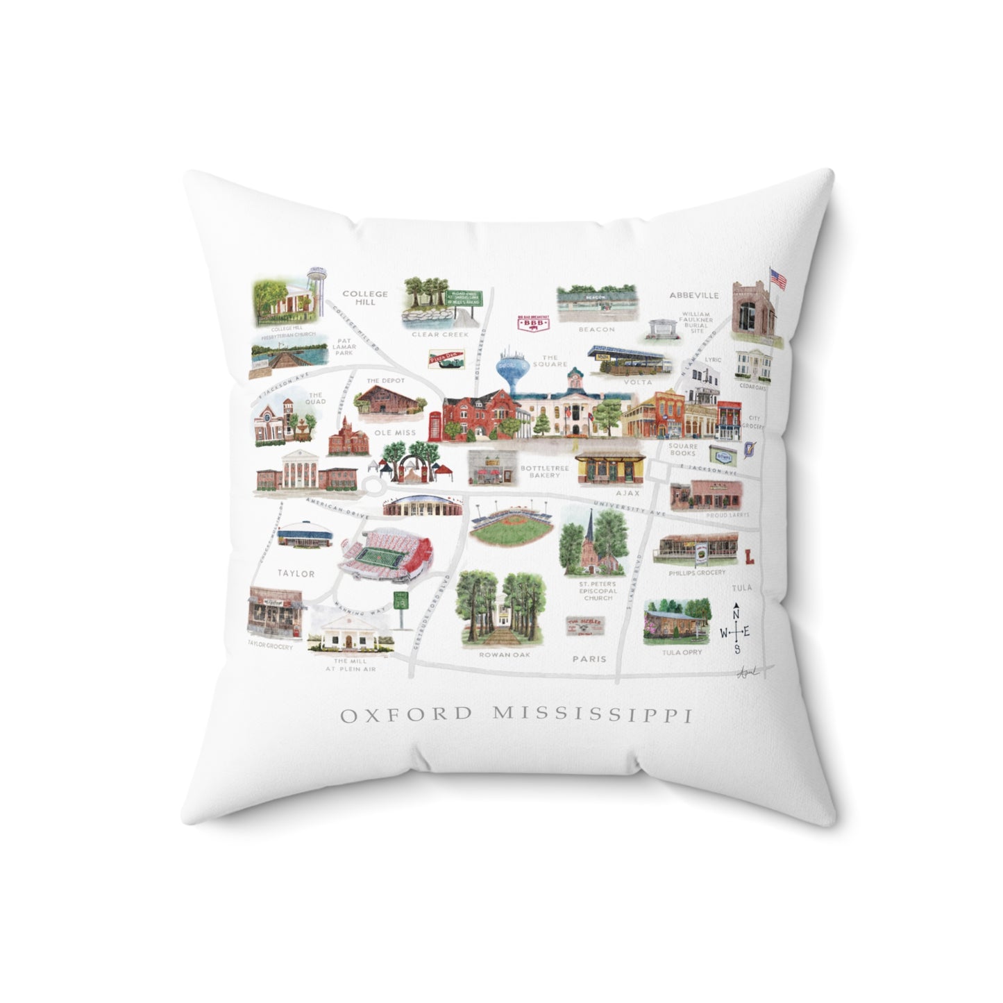 Oxford MS Watercolor Map Art Pillow