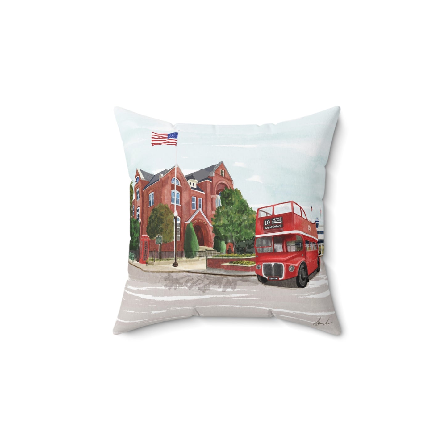 City Hall Double Decker Bus Oxford MS Watercolor Art Pillow