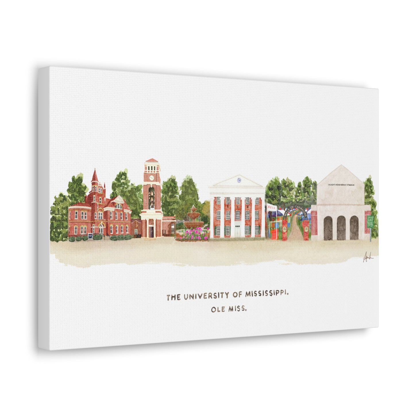 Ole Miss Watercolor Skyline Landmark Art Canvas Gallery Wrap