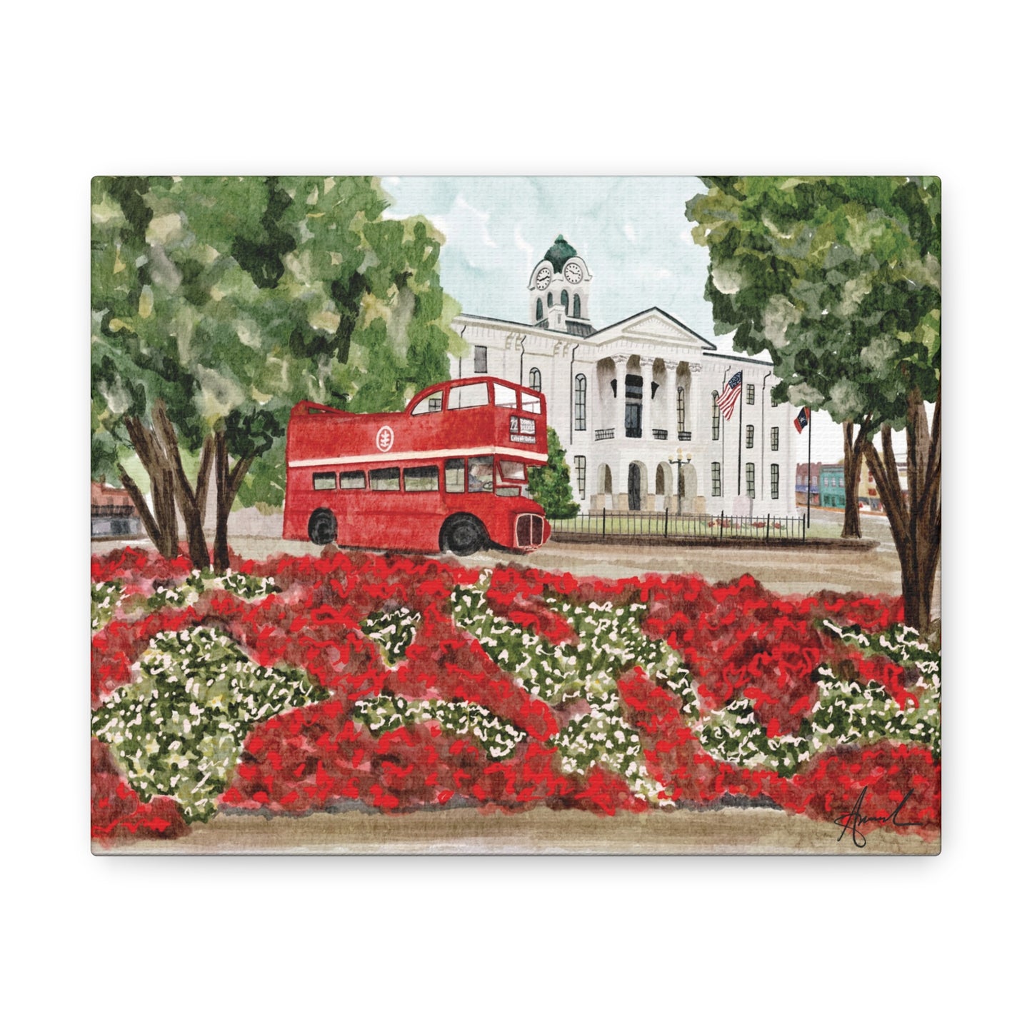 Courthouse Square Double Decker Bus Oxford MS Watercolor Art Canvas