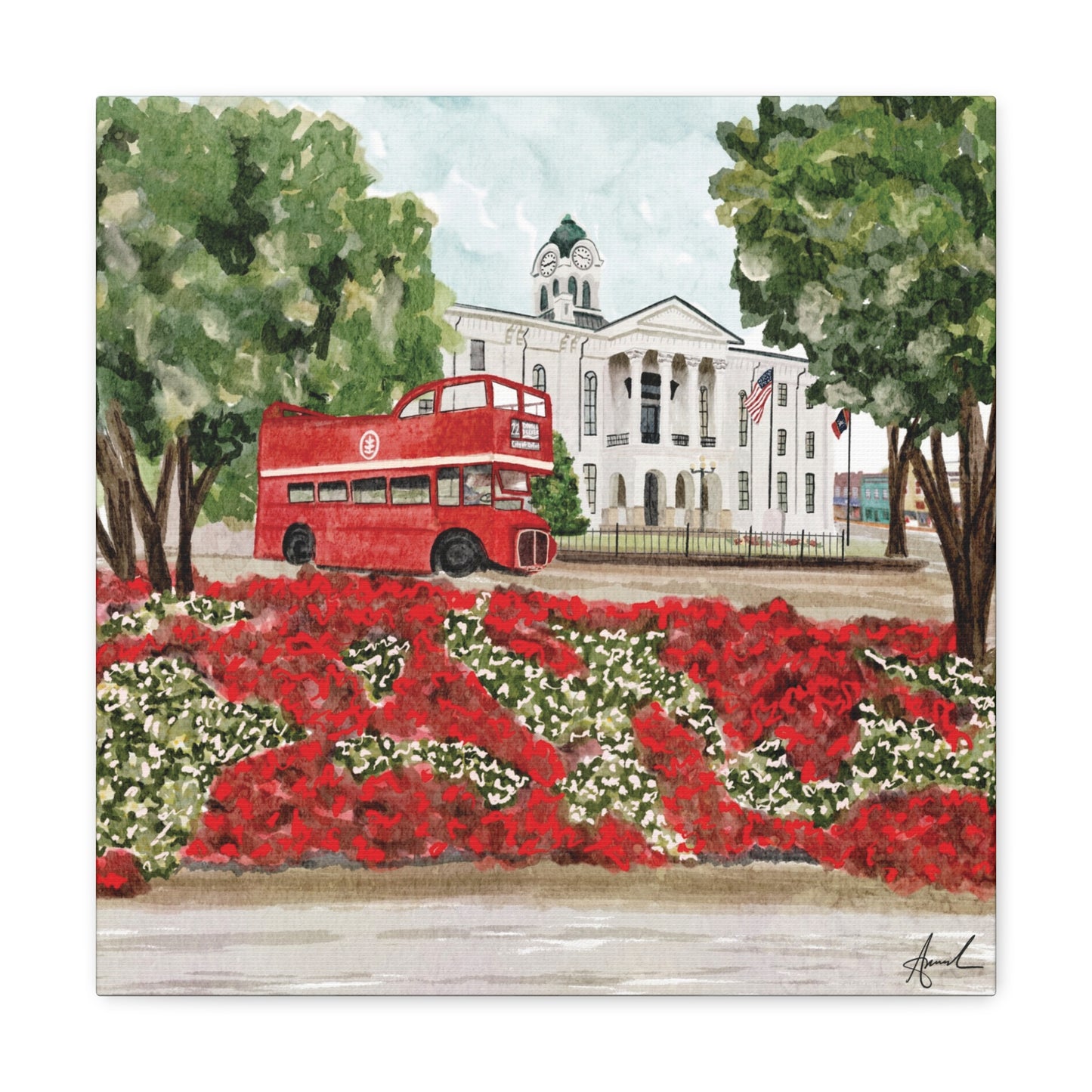 Courthouse Square Double Decker Bus Oxford MS Watercolor Art Canvas