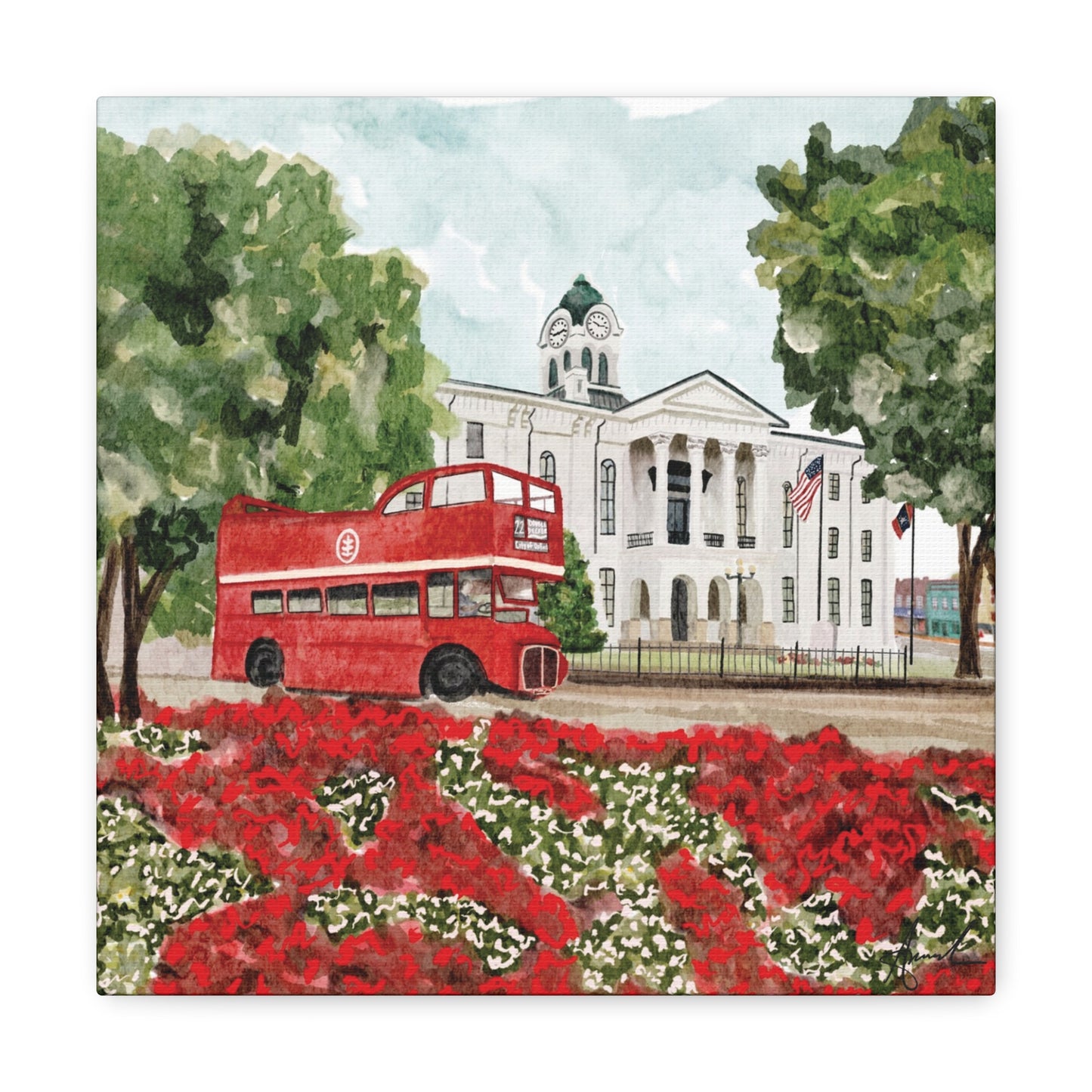 Courthouse Square Double Decker Bus Oxford MS Watercolor Art Canvas