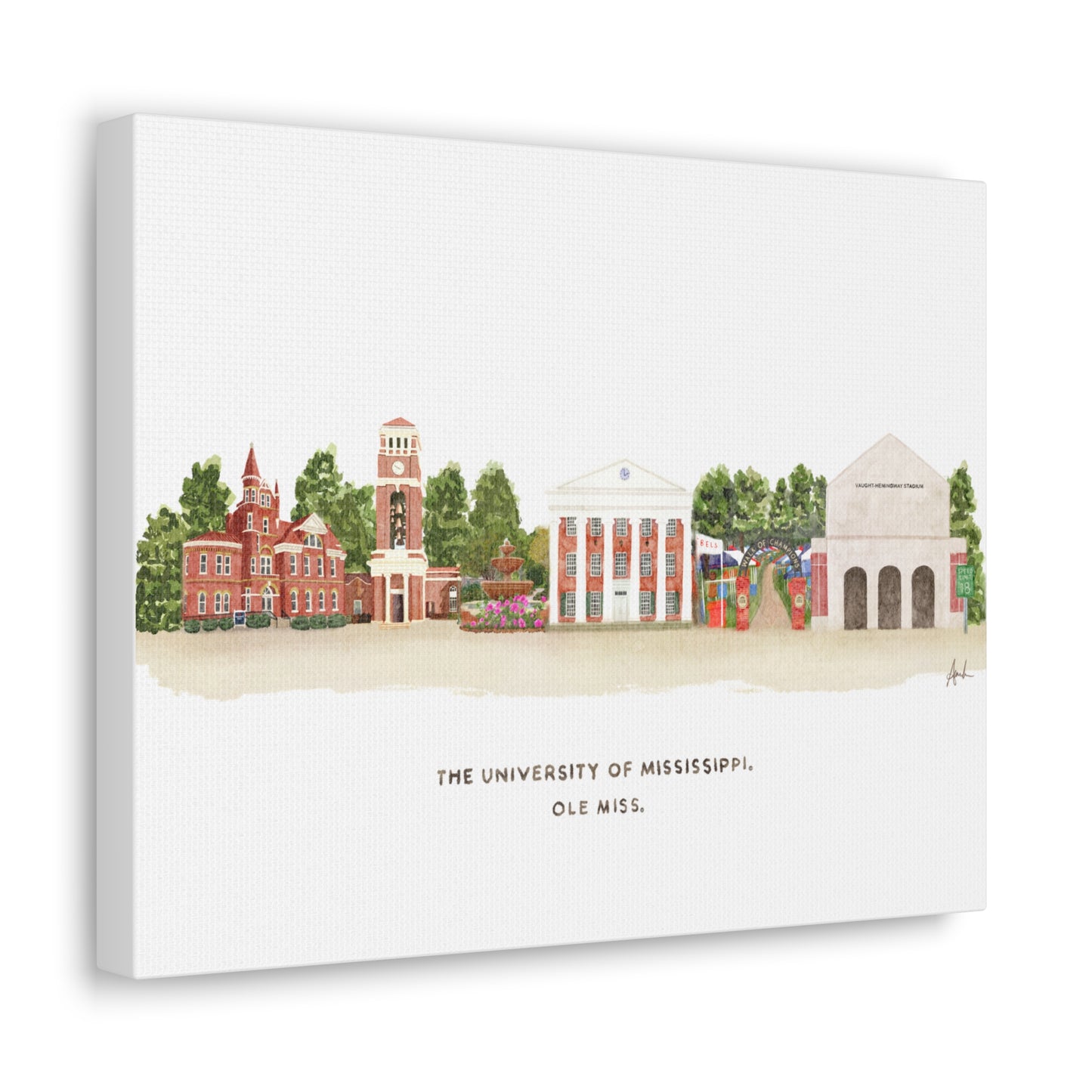 Ole Miss Watercolor Skyline Landmark Art Canvas Gallery Wrap