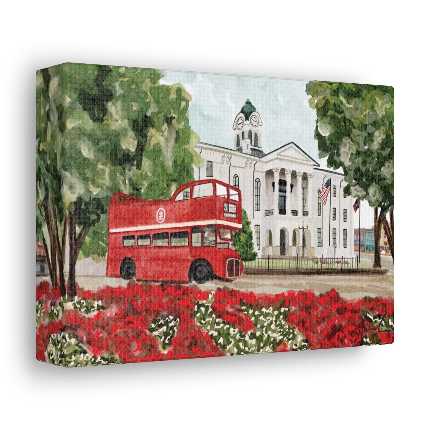 Courthouse Square Double Decker Bus Oxford MS Watercolor Art Canvas