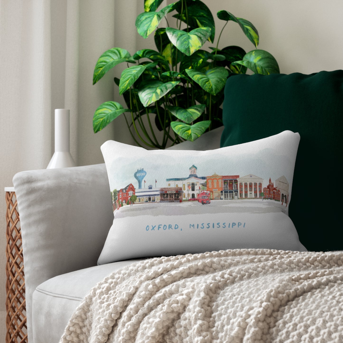 Oxford, MS Skyline Watercolor Collage Lumbar Pillow