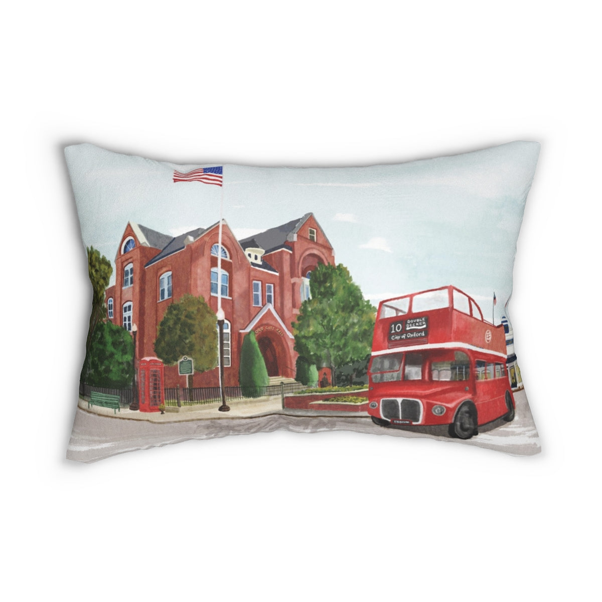 City Hall Double Decker Bus Oxford MS Watercolor Art Pillow