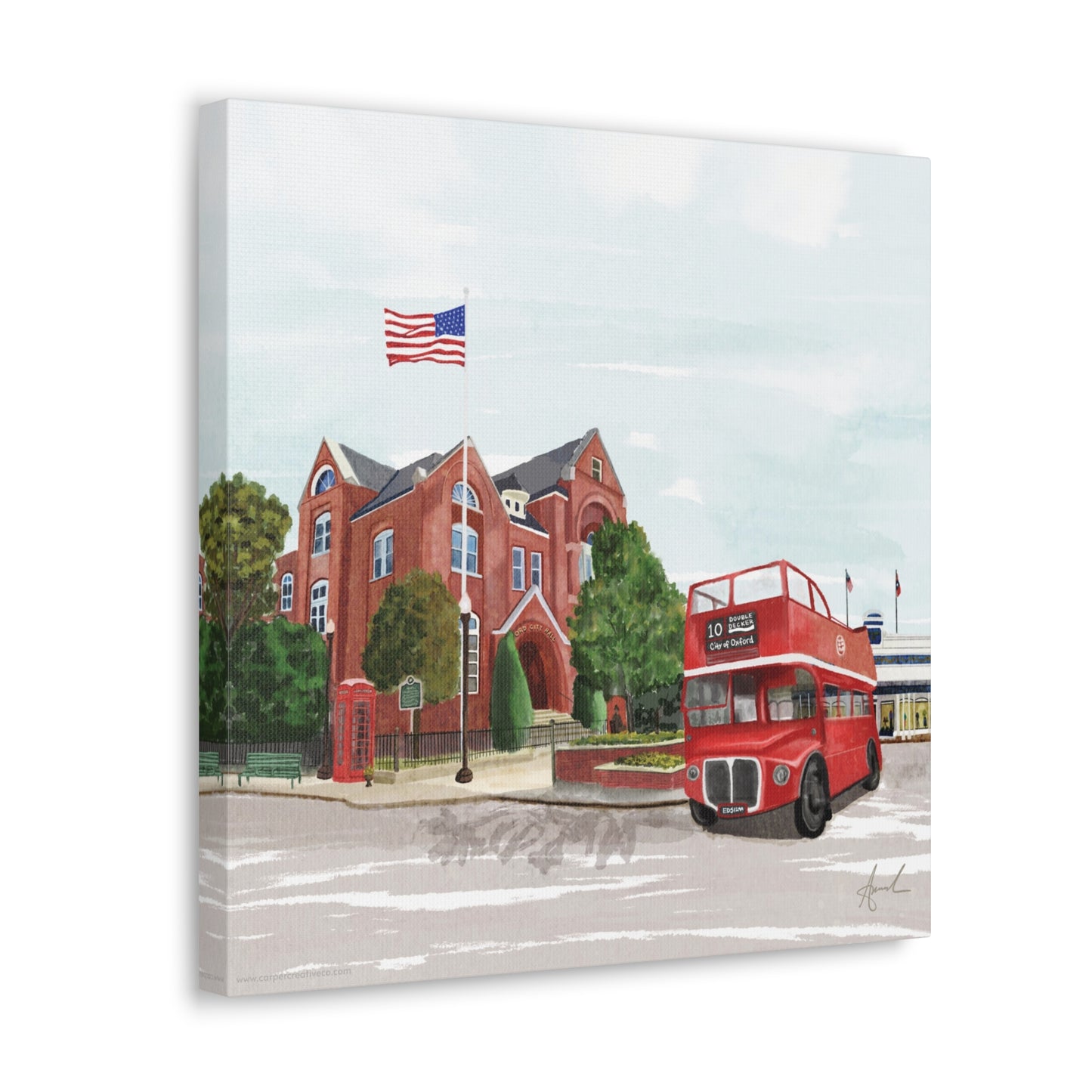 City Hall Double Decker Bus Oxford MS Watercolor Art Canvas